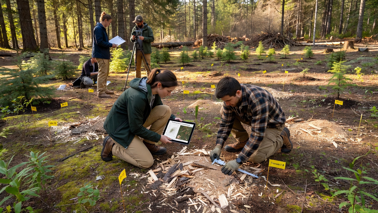 Close-up of soil core samples displaying layered wood particles at different depths in a recovering forest floor