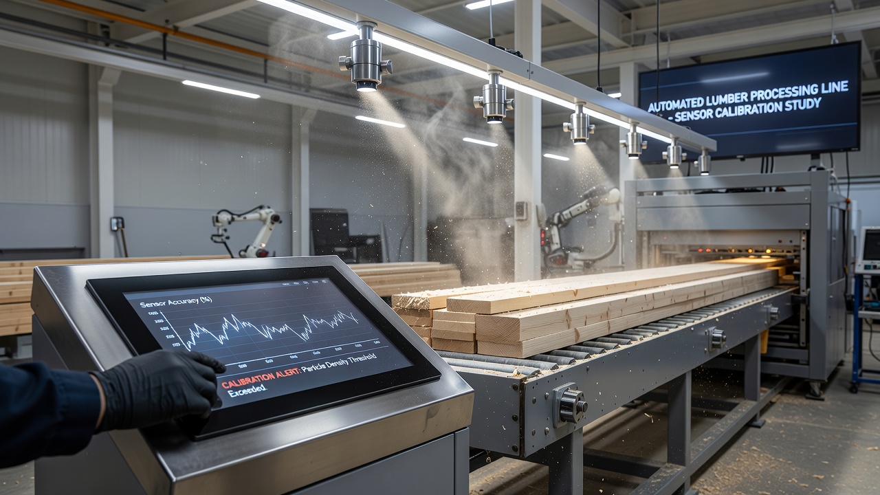 Examining how suspended wood particles alter sensor calibration accuracy in automated lumber processing lines