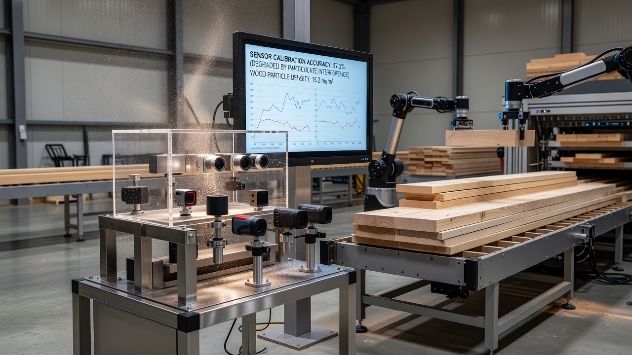 Technician adjusting calibration settings on a dust-covered sensor array in a lumber mill control room