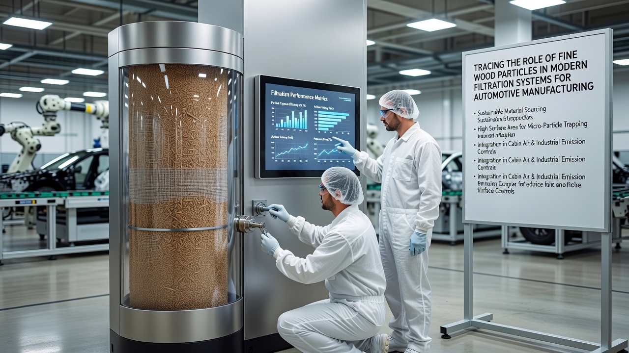Close-up view of wood particle filter media being inspected during routine maintenance in an automotive manufacturing filtration system